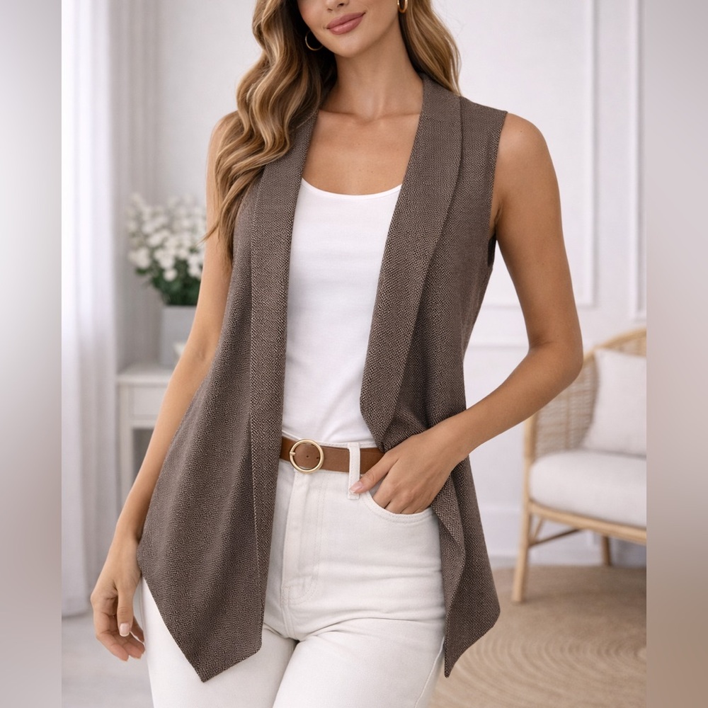 Zara Brown Open-Front Cardigan Vest asymmetric elegant brown boho s